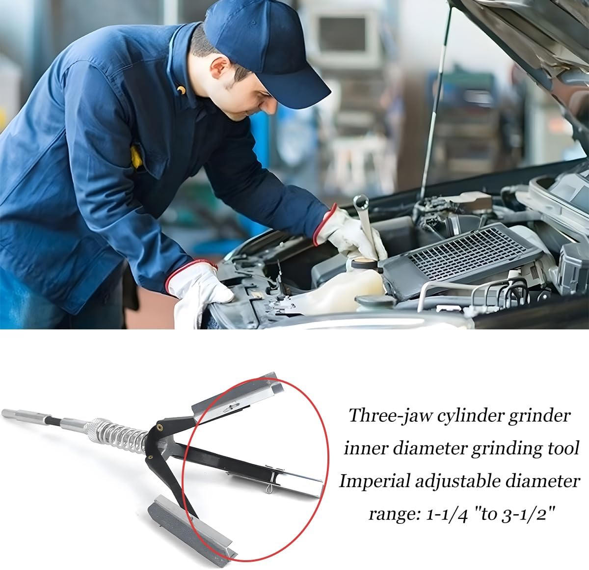 Zpana Car Engine Cylinder Hone Tool, 1-1/4" to 3-1/2" Grinding Holes Adjustable Brake Piston Deglazer with 3 Long Stones 220 Grit, Automotive Engine Honer Accessories, Universal Fit