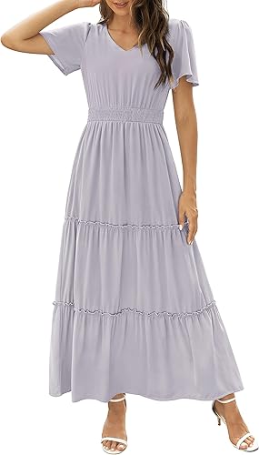 Zattcas Womens 2026 Long Summer Dress Casual Short Flutter Sleeve V Neck Smocked