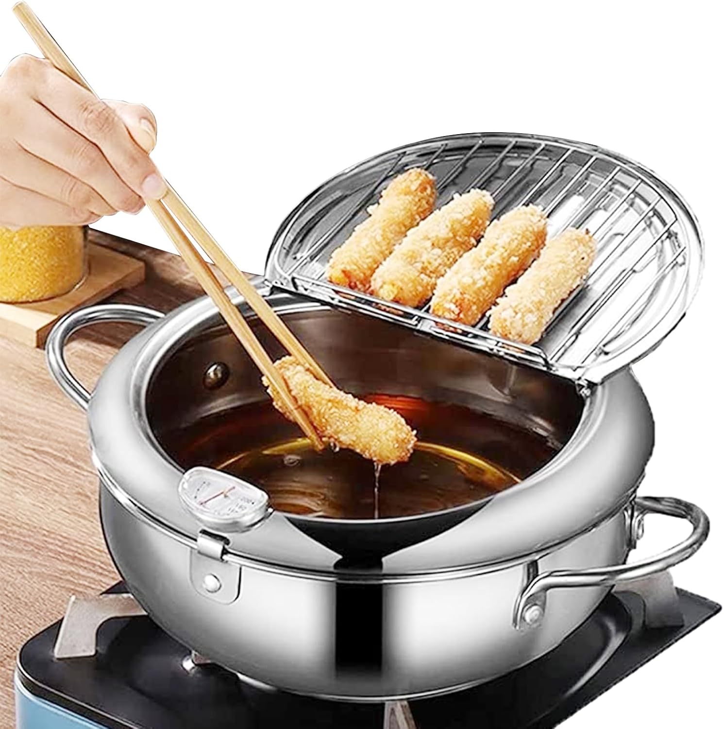 Tempura Pot, Japanese Deep Fryer, Deep Fryer pot with Oil Draining Rack