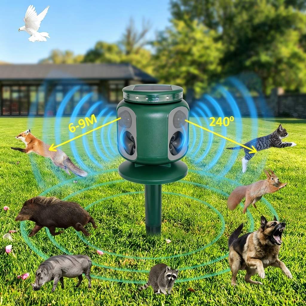 2X Repelente Solar ultrasónico de Animales con Sensor de Movimiento PIR 360°, con Doble Sistema de Carga, protección Exterior para Jardines, Patios y Granjas