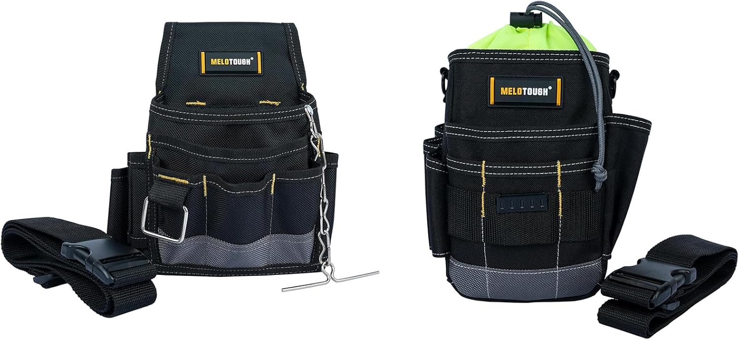 MELOTOUGH Electrician Tool Pouch Tool Belt Pouches with Belt Clip,Electrical Tape Chain, Utility Top Drawstring Organizer Tool Pouch Bag for HVAC, Carpenter, Plumber