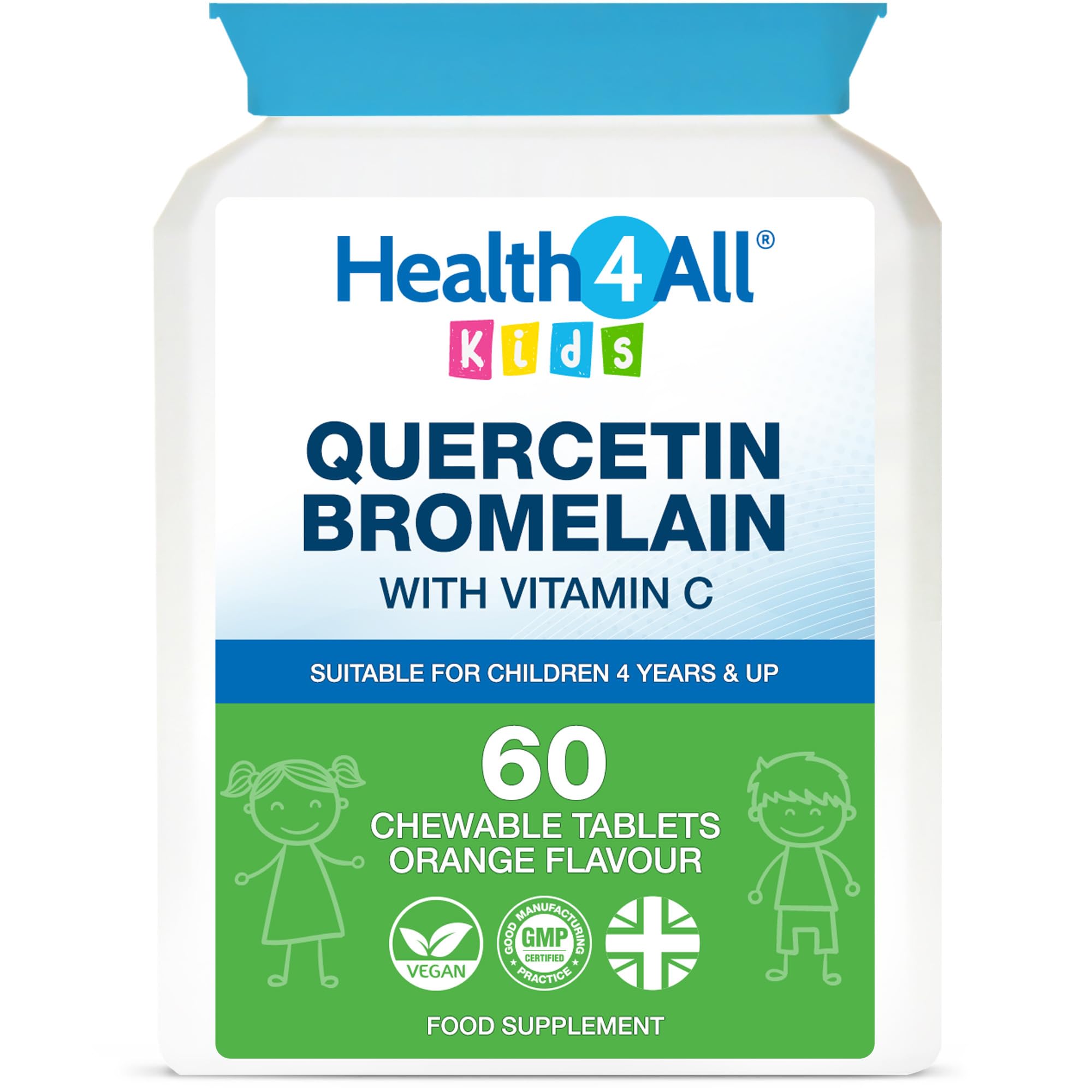 Health4All Kids Quercetin with Bromelain and Vitamin C, 60 Chewable Tablets, Vegan Natural Antihistamine Supplement, Inflammation Support, Sugar-Free Orange Flavour | Made in UK