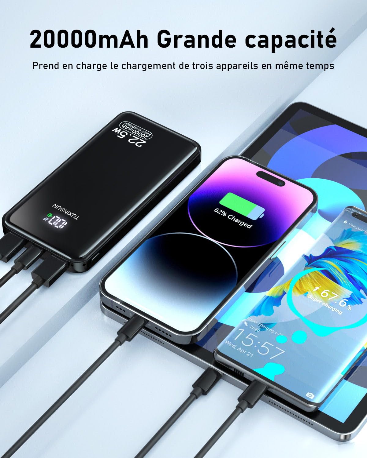 Power Bank 20000 mAh 22,5 W Banque de puissance à charge rapide PD3.0 QC4.0 Batterie externe de téléphone portable avec écran LCD Sorties et entrées USB C Chargeur portable pour smartphones Smartwatch