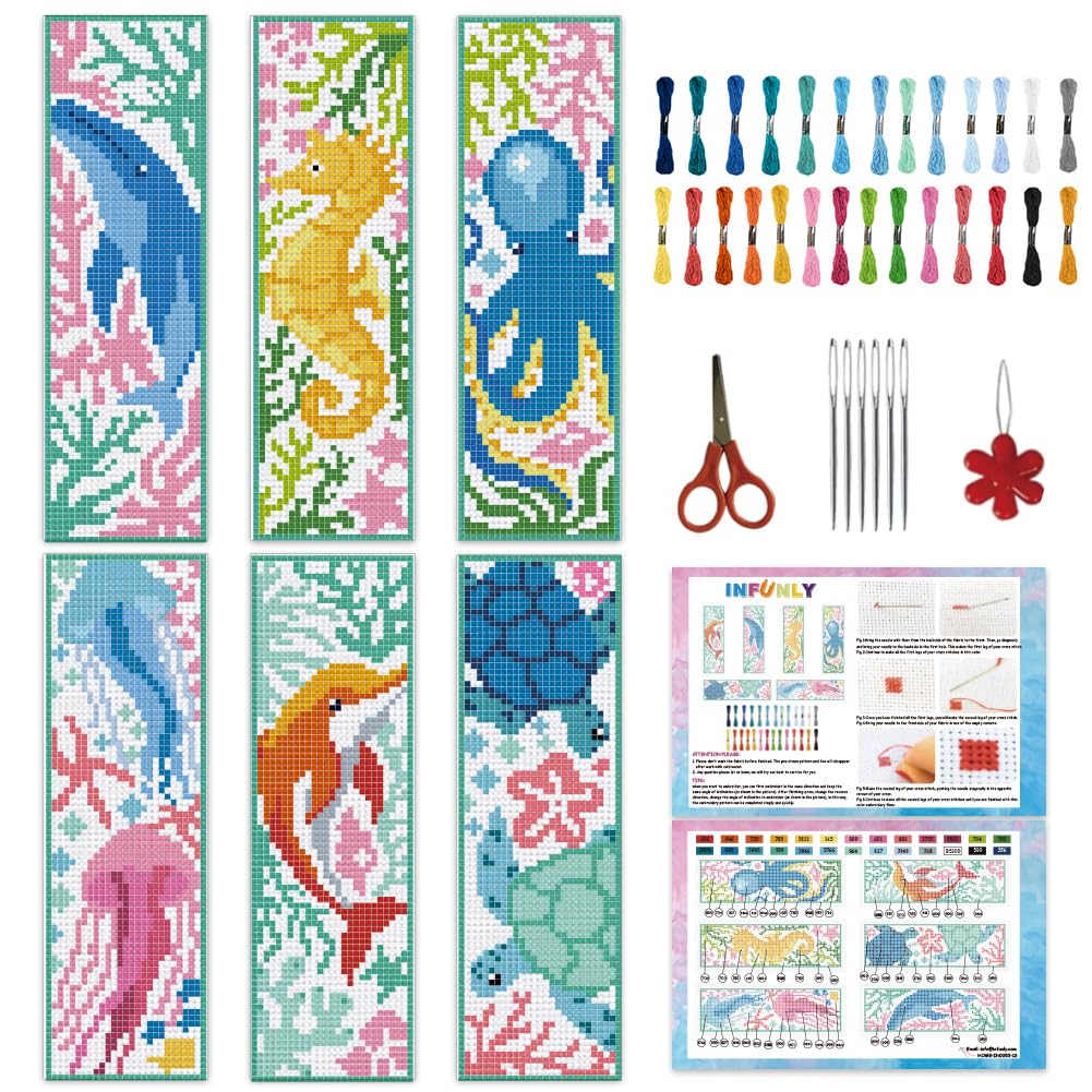 INFUNLY 6 Set Sea Animals Cross Stitch Bookmark Kit for Beginners Whale DIY Cross Stitch Kits 8"x2.4" Pre-Printed Jellyfish Stamped Embroidery Bookmark Kit with Instruction for Book Lovers Reader Gift