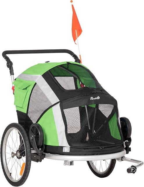 PawHut Dog Bike Trailer 2-in-1 Pet Stroller for Large Dogs Cart Foldable Bicycle Carrier Aluminium Frame with Safety Leash Hitch Coupler Reflector Flag Green