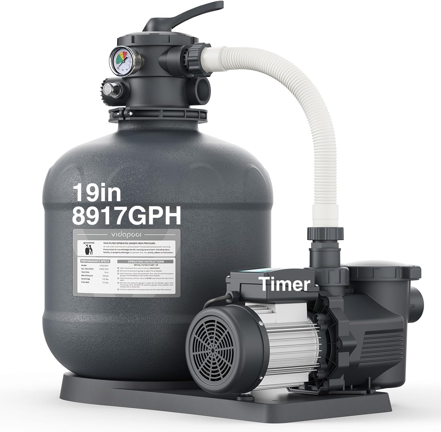 19in Sand Filter Pump with Timer, Pool Pumps Above Ground with 6-Way Valve, Pool Sand Filter Up to 29,000 Gallons, Efficient Filtration, Gray