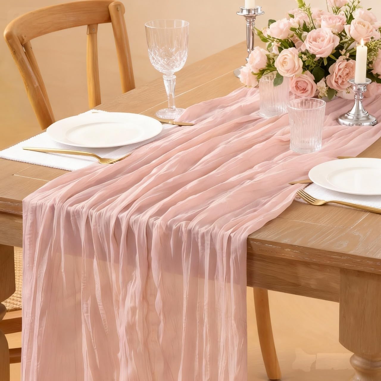 Dusty Pink Cheesecloth Table Runner 12pcs 10FT Boho Rustic Fall Gauze Cheese Cloth Table Runner 35x120 Inch for Fall Wedding Party Bridal Girl Baby Shower Birthday Home Decor