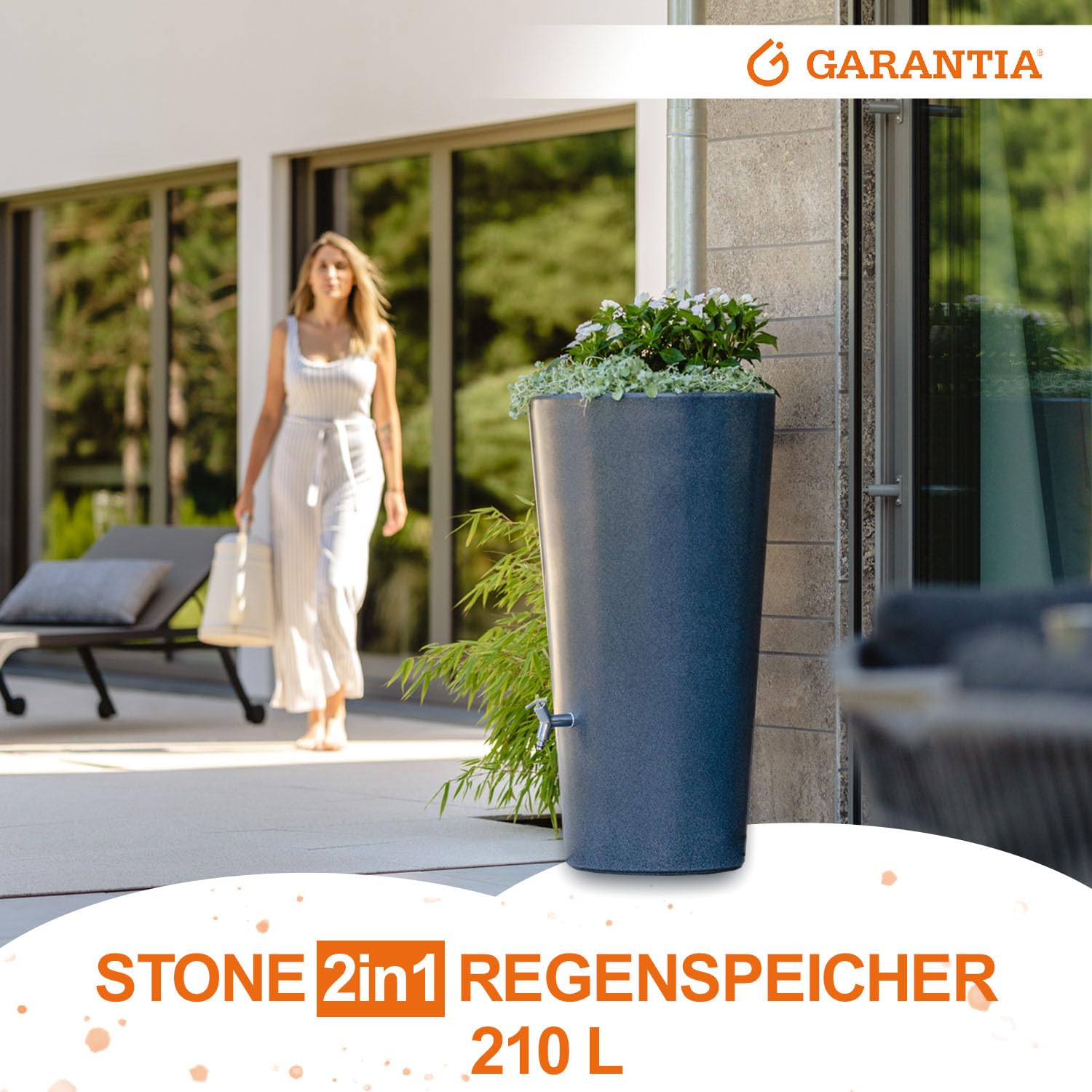 GARANTIA Stone 2in1 Regentonne 210 Liter Lava inkl. Pflanzschale | Wassertank, Regenfass, Regenwassertonne, Wasserbehälter, Fass, Regenwassertank, Wasserfass, Wassertonnen für Garten