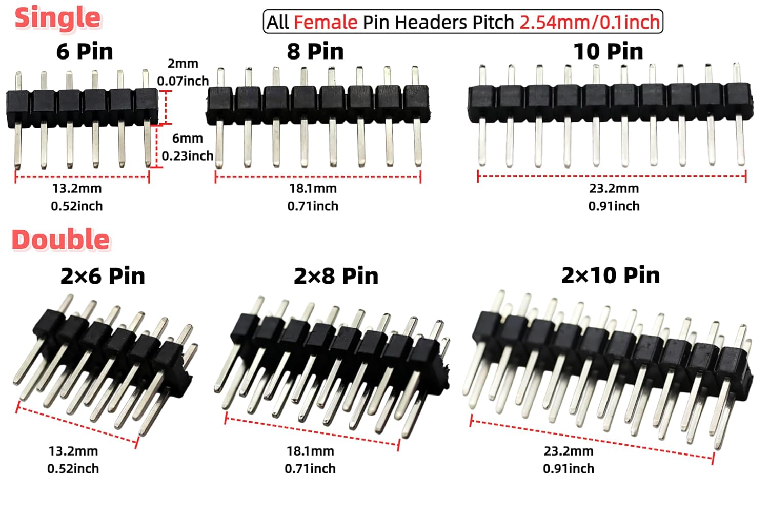 138PCS 2.54mm Male and Female Pin Headers Connector Assortment Kit 3/6/8/10/40Pin Single/Double Row Stackable Shield and Breakaway PCB Breadboard Pin Header for Arduino Prototype Shield