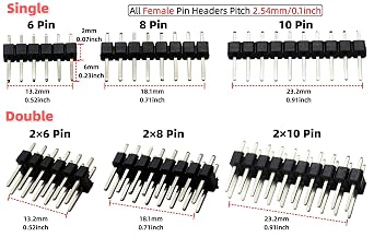 138PCS 2.54mm Male and Female Pin Headers Connector Assortment Kit 3/6/8/10/40Pin Single/Double Row Stackable Shield and Breakaway PCB Breadboard Pin Header for Arduino Prototype Shield