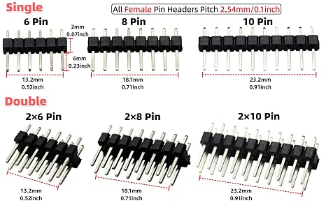 138PCS 2.54mm Male and Female Pin Headers Connector Assortment Kit 3/6/8/10/40Pin Single/Double Row Stackable Shield and Breakaway PCB Breadboard Pin Header for Arduino Prototype Shield