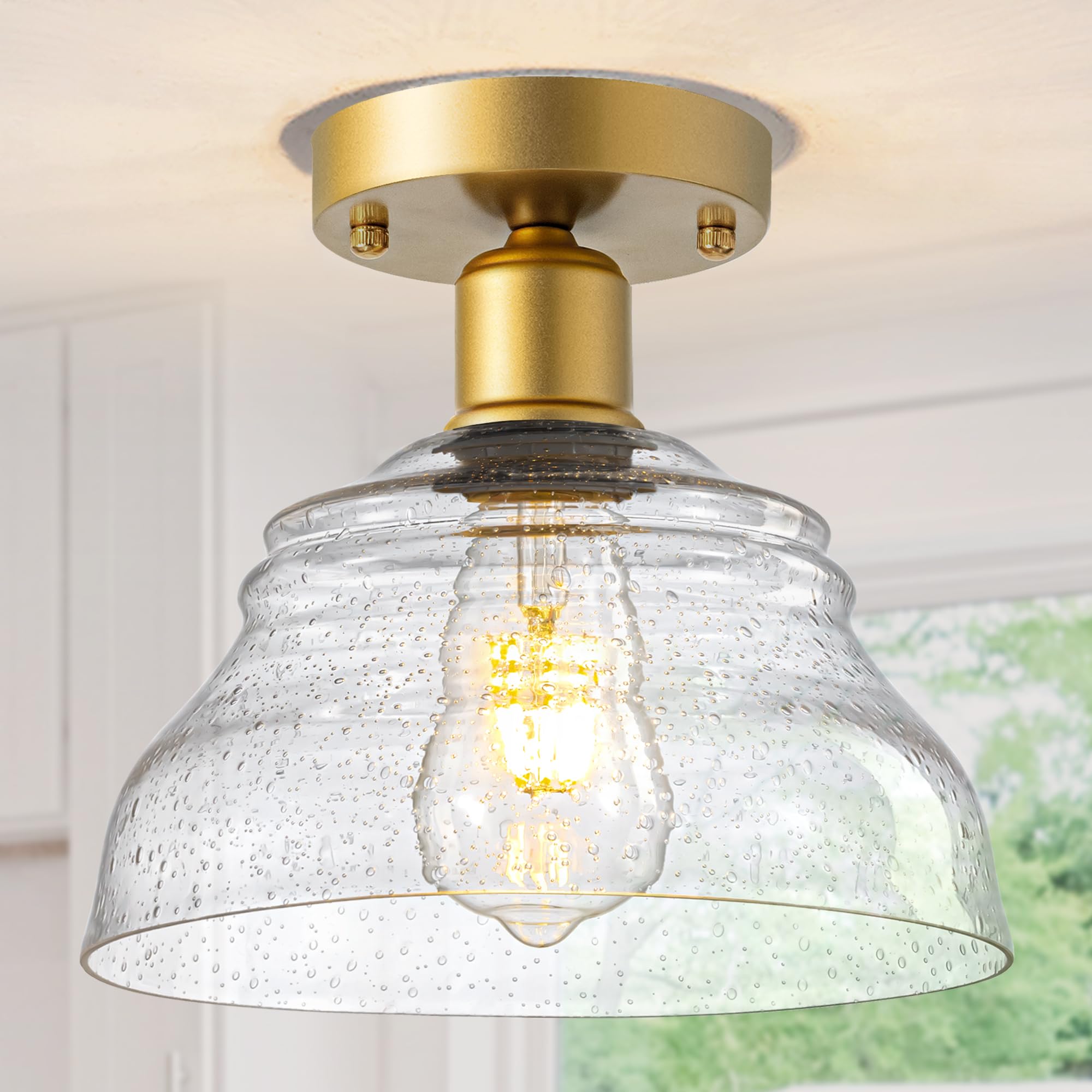 Photo 1 of Gold Semi Flush Mount Ceiling Light, Modern Ceiling Light Fixture with Seeded Glass Shade, Ceiling Lamp for Living Room Hallway Kitchen Island Bedroom