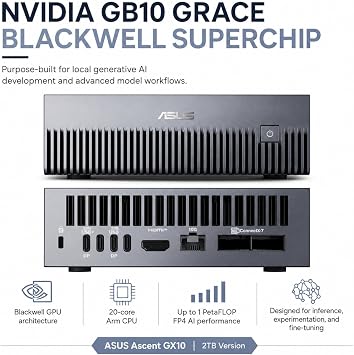 ASUS Ascent GX10 Personal AI Supercomputer, NVIDIA GB10 Grace Blackwell Superchip, 128GB LPDDR5x Unified Memory, 2TB NVMe SSD, DGX OS, Wi-Fi 7, 10GbE, AI Workstation for Local LLM and RAG