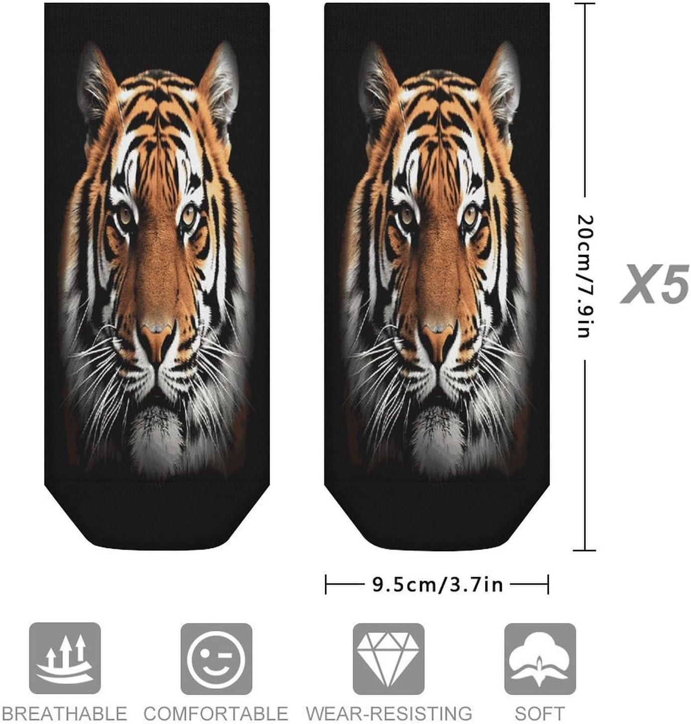 Tiger Face Ankle Socks for Men Women 5 Pairs | Comfortable Casual Low Cut Socks, Lightweight No Show Breathable Athletic Socks, Soft Mini Crew Socks for All Seasons