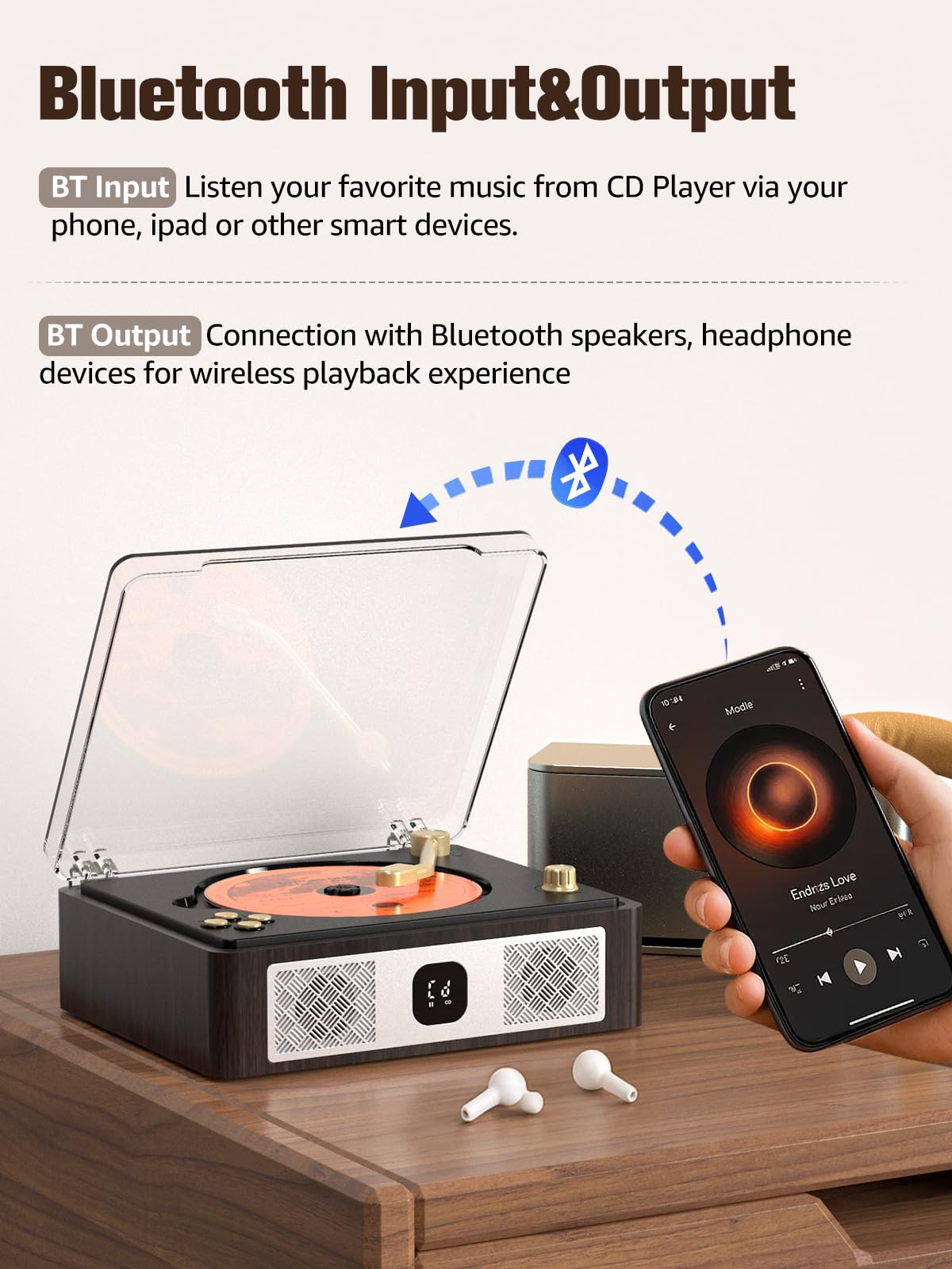 Lettore CD con altoparlanti integrati Ingresso e uscita Bluetooth Lettori CD portatili per musica domestica Lettore CD nostalgico con telecomando Jack per cuffie marrone noce con schermo di