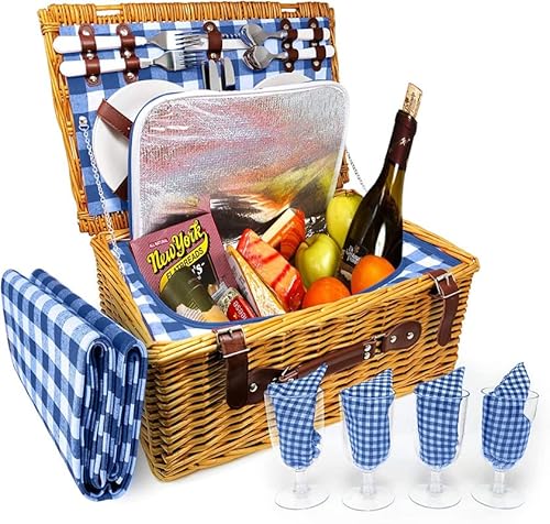 Nature Gear Upgraded 4 Person Xl Picnic Basket (4 Person + Blanket, Blue & White) #TOP8