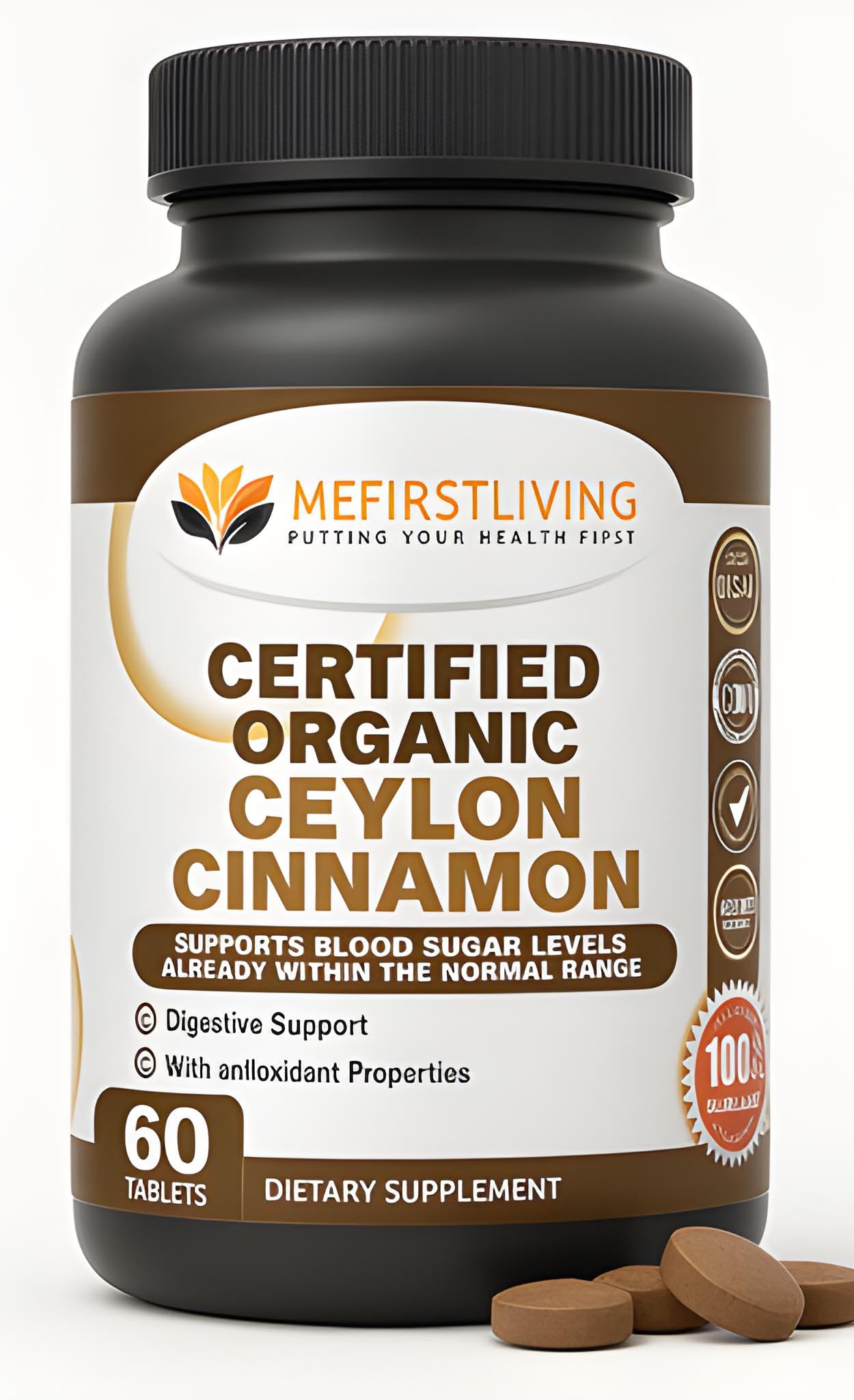 Me First Living MFL Ceylon Cinnamon 1000mg, 100% Certified Organic Ceylon Cinnamon, Non-GMO, True Cinnamon, Metabolism Support, Antioxidant - 60 Tablets