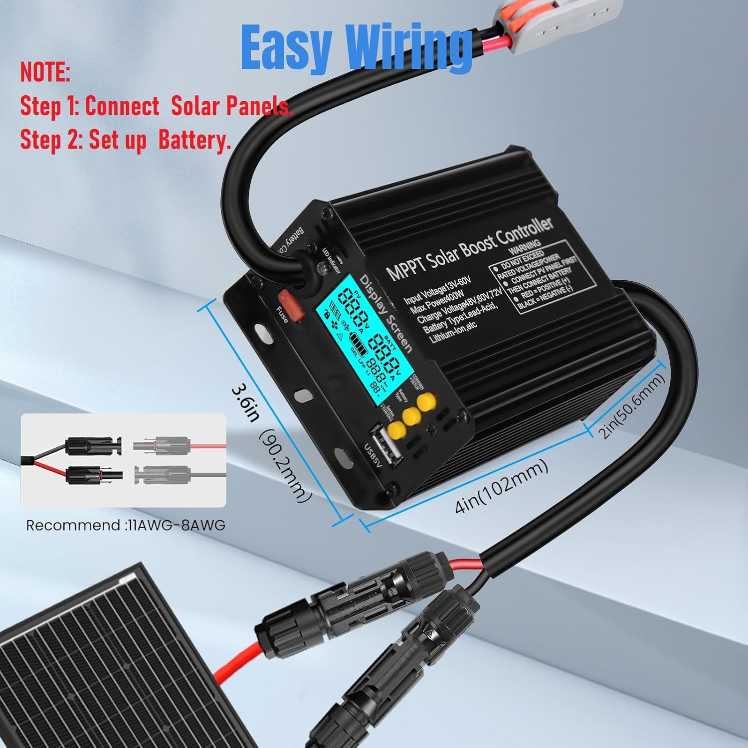 400W Boost MPPT Solar Charge Controller LCD Solar Panel Regulator for24V/36V/48V /60V/72V Lead-Acid, LiFePO4, Gel, Flooded Batteries etc in Golf Cart,eBike,Club Car, Scooterand Solar System