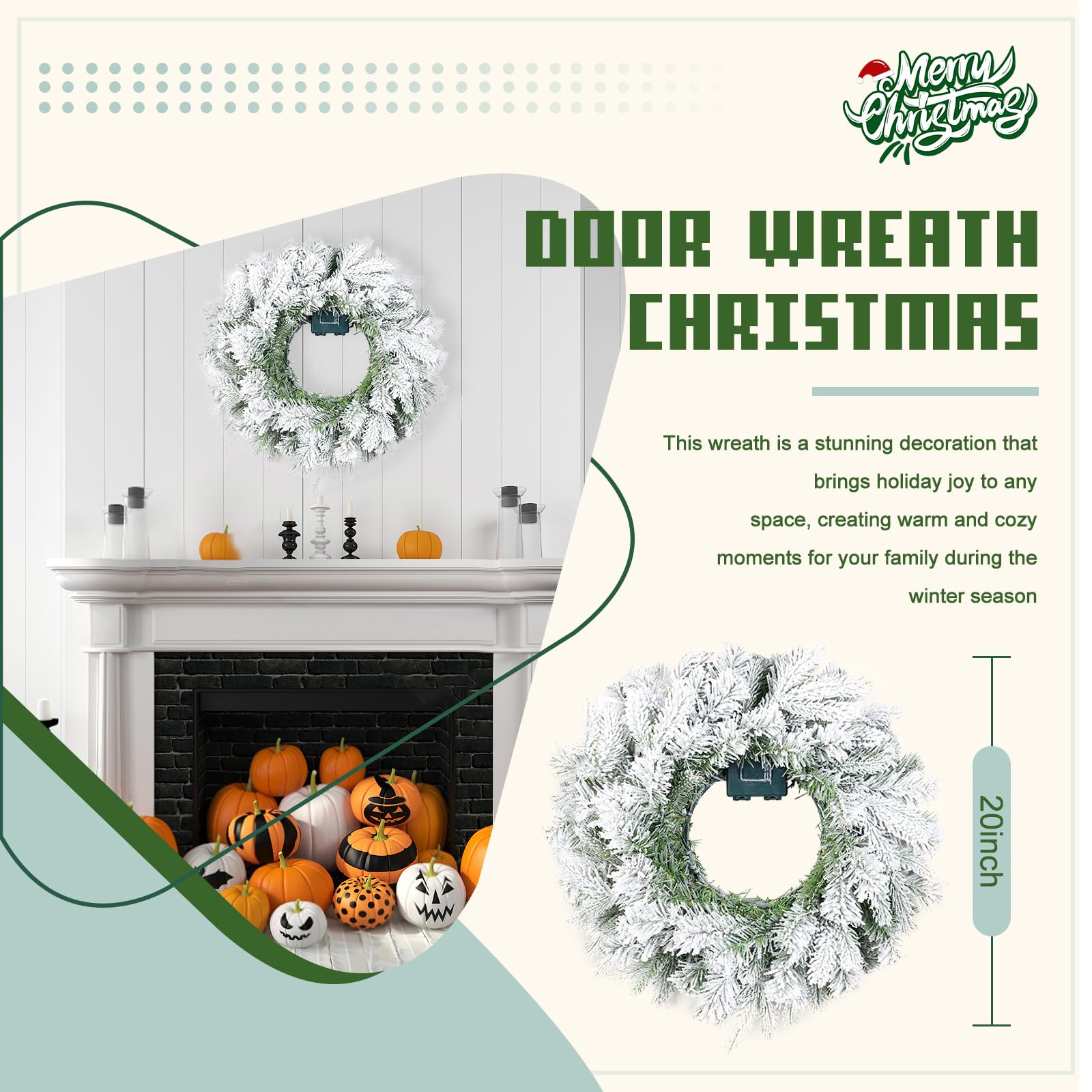Gfilay Couronne de Noël floquée pré-éclairée, couronne de Noël blanche pour porte d'entrée avec 50 lumières LED, couronne de Noël à piles, couronne de Noël de 50,8 cm