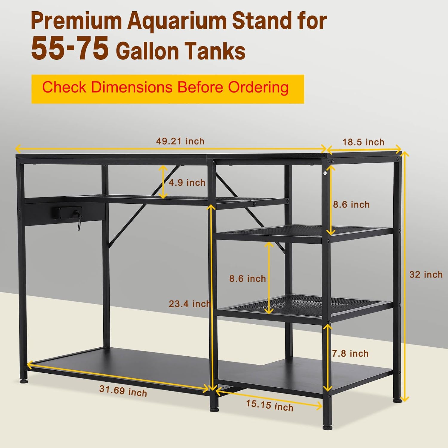 GCCSJ Modern Black Aquarium Stand for 55-75 Gallon Fish Tank with Outlets and Storage, 1200lb Capacity Furniture Cabinet, Quick Assembly (Fits 49 Inch Large Aquariums)