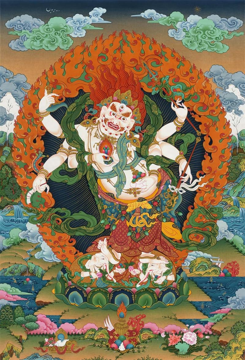 Gandhanra Tibetische Thangka-Kunst–Weißes Mahakala Thangka–Hochauflösender Digital-Giclée-Druck und doppelt handgerahmt - Buddhistische Wandbehang-Tapisserie - 47" x 32"