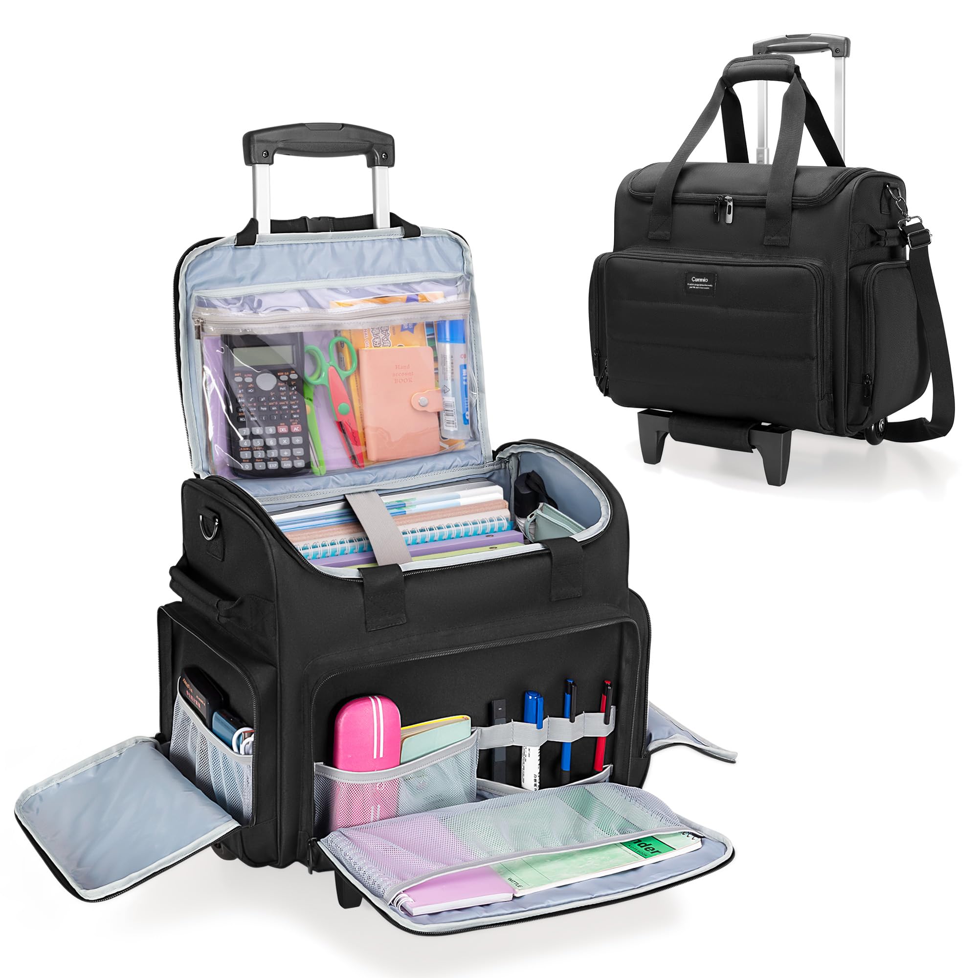 CURMIO Sac de Travail pour Enseignant, Sac à roulettes pour Professeur avec Compartiments de Dossiers Extensibles, Convient aux Ordinateurs Portables Jusqu'à 15,6", Noir (Design Breveté)