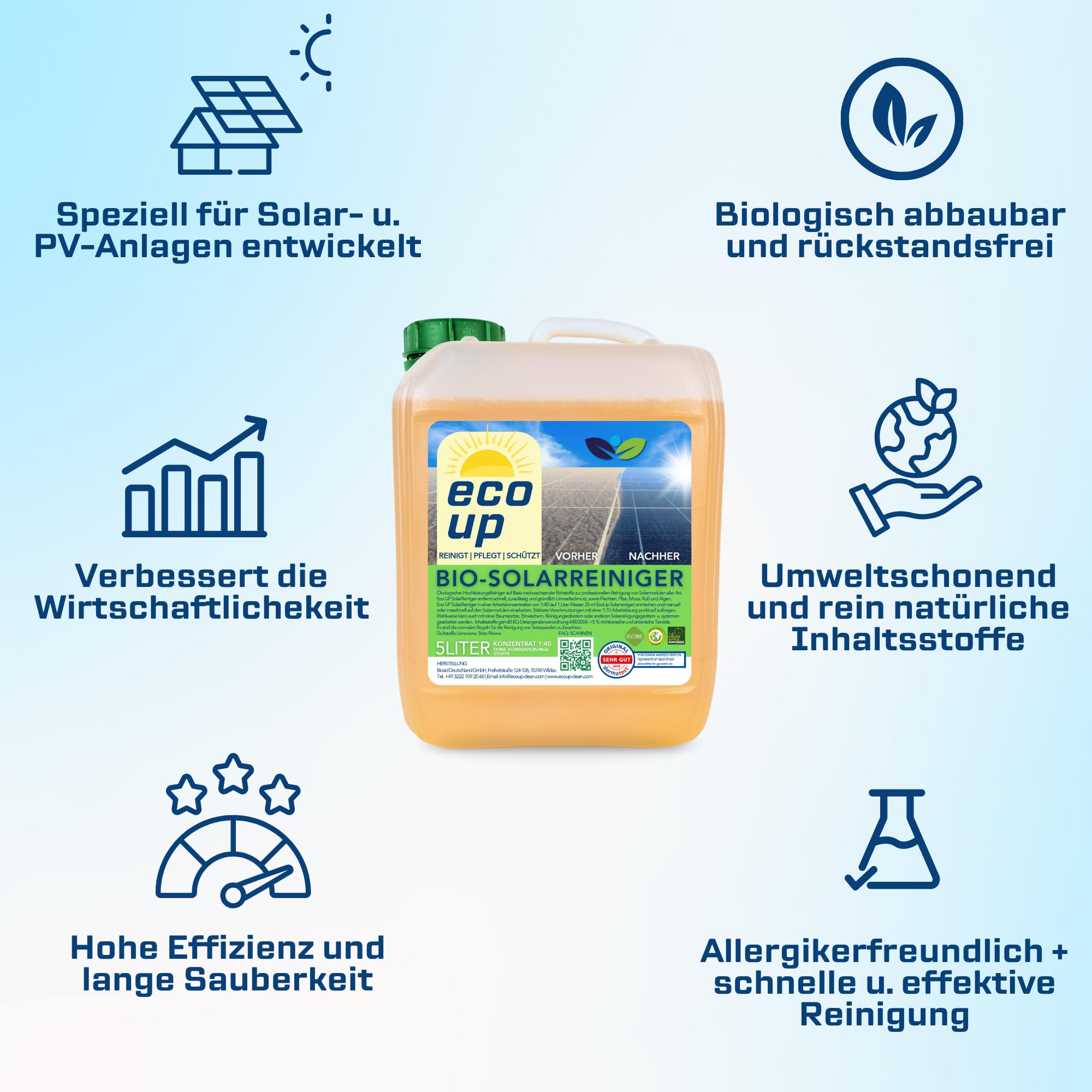 Bio-Solarreiniger, 5 Liter, Konzentrat 1:40 verdünnbar, Photovoltaik, Balkonkraftwerk, Solarmodul Reiniger, biologisch abbaubar, materialschonend, ergiebig, langlebig, inkl. Auslaufhahn