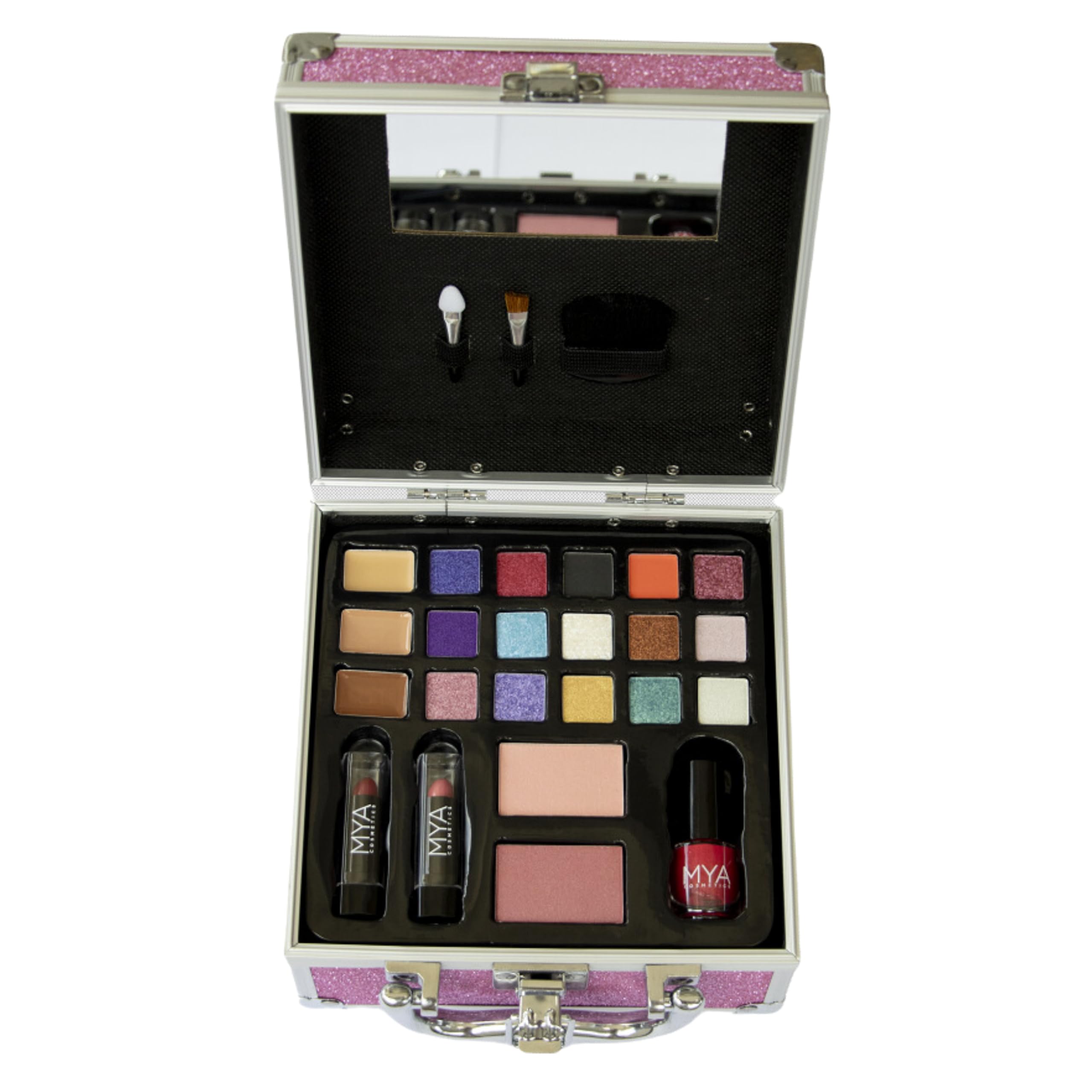 MYA Cosmetics MYA Glitter Fashion | Professioneller Make-up-Koffer | Lidschatten-Set, Rouge, Lippenstift, inklusive Pinsel und Make-up-Pinsel