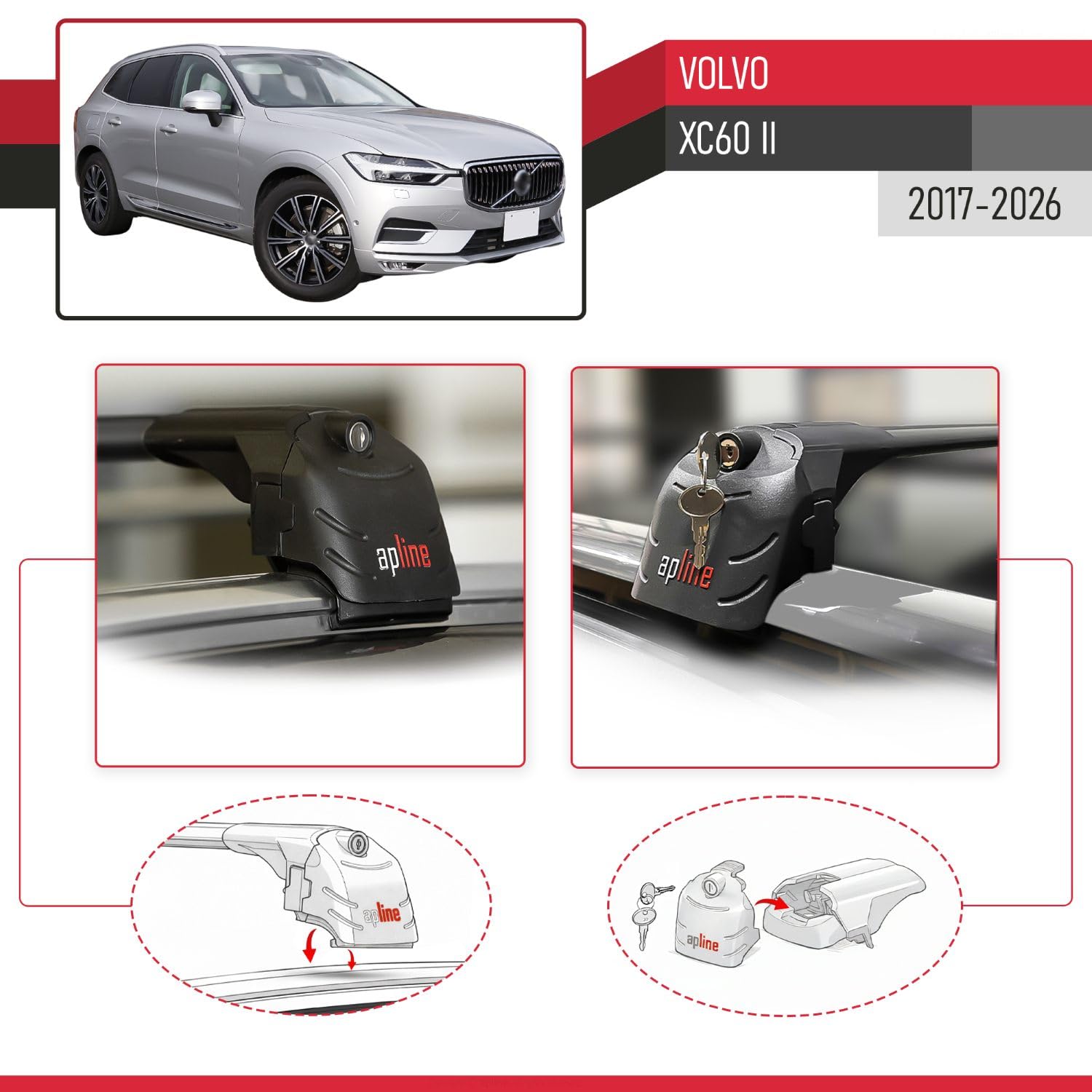 Kompatybilny z Volvo XC60 II 2017-2026 ACE-2 Model Aluminiowe poprzeczki dachowe Czarny 2 szt.
