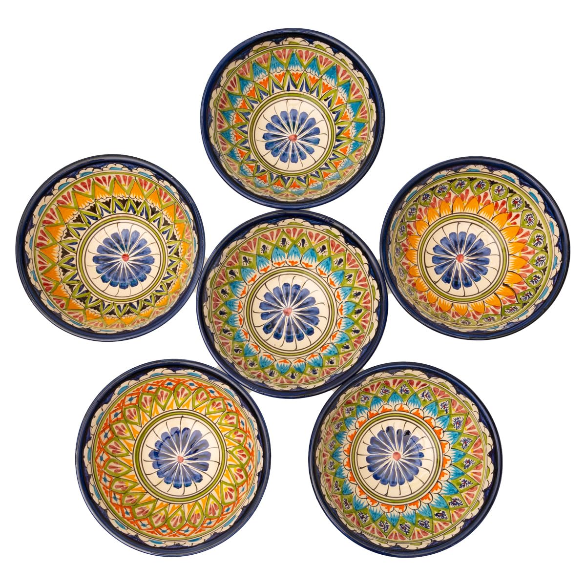 6 Keramikschalen 750 ml Kosa Ø 18 cm Machrob Blau - Traditionelle Usbekische Keramikschüsseln mit handbemaltem Design | Salatschüsseln | Schale Bunt Keramik