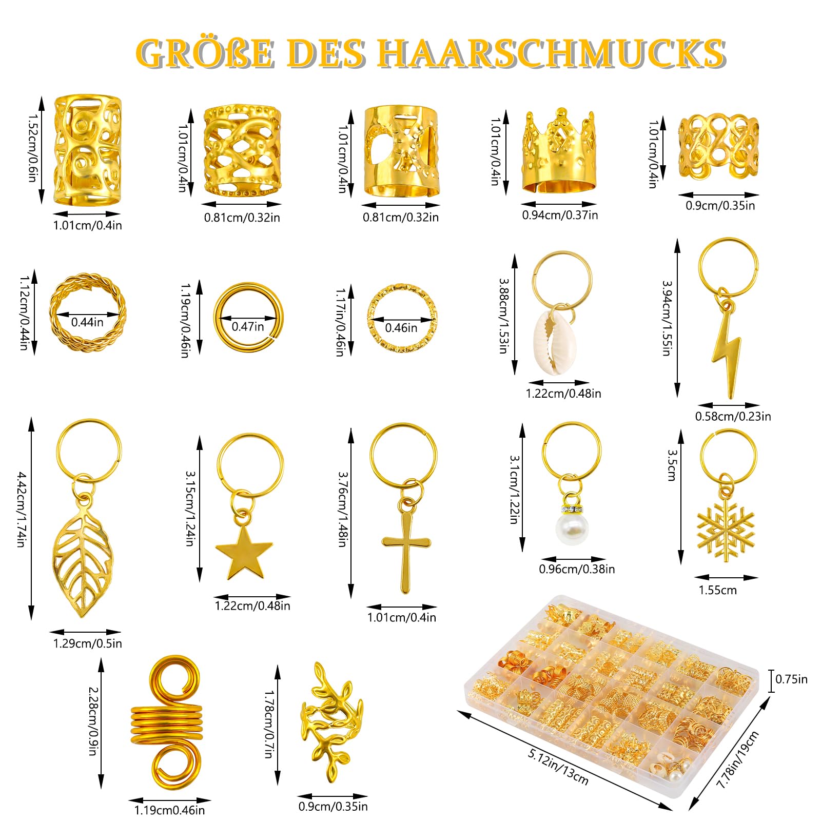 NJCXOLA Gold-Haarschmuck Set – 110 Teile Für Zöpfe, Dreadlocks & Flechten, Verstellbare Ringe & Spiralen