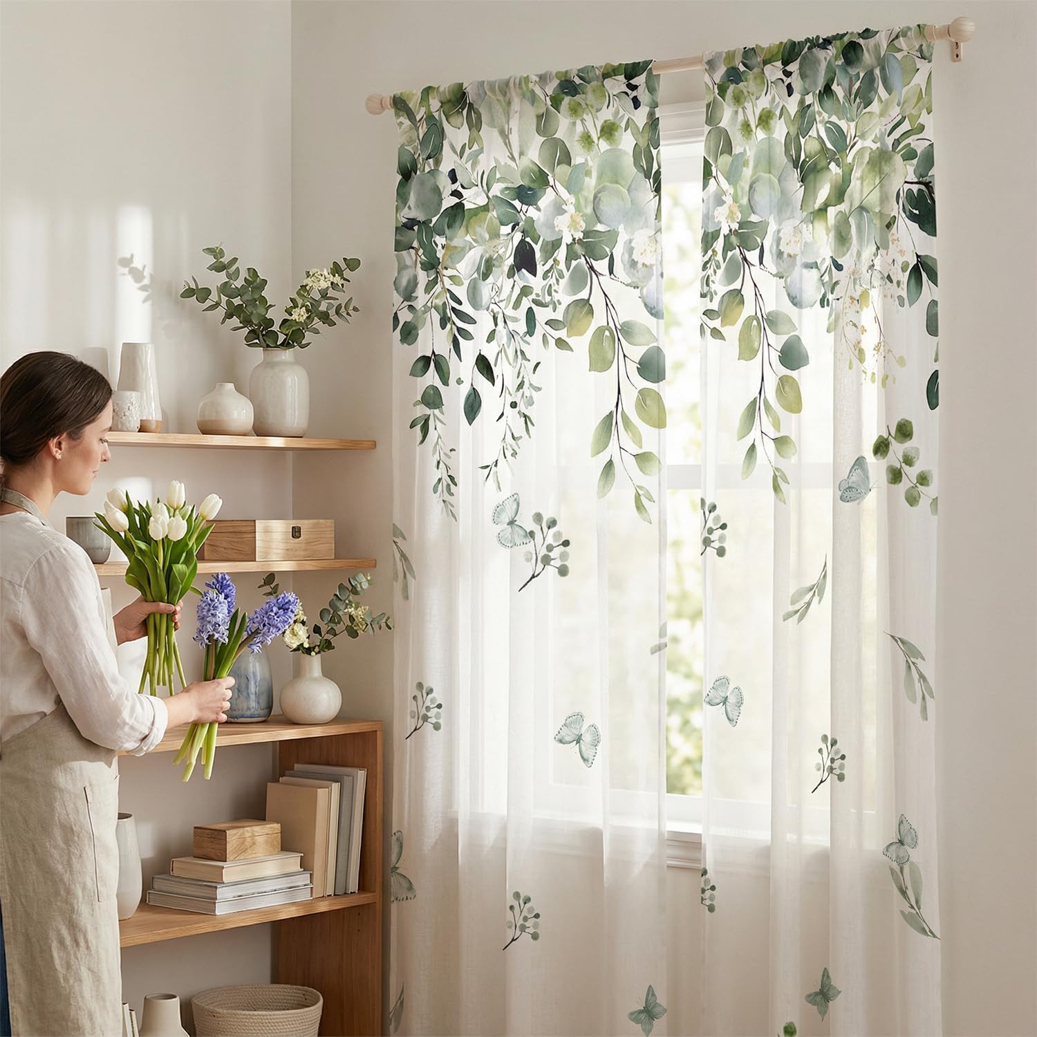 Horaldaily Eucalyptus Leaves Sheer Curtains for Living Room and Bedroom, Floral Spring Printed Window Curtains, Holiday Window Drapes Decor, 52" W x 84" L, Set of 2 Curtain Panels