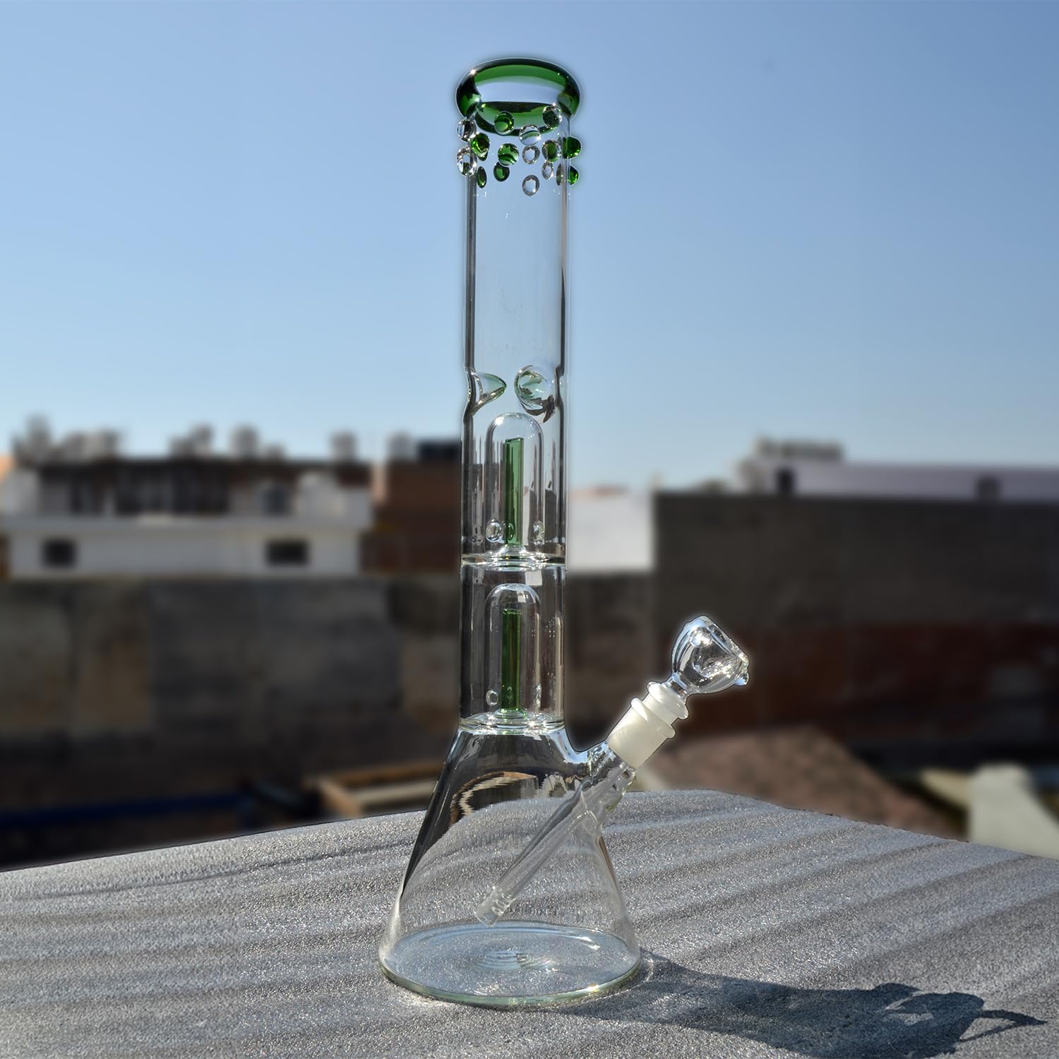 AL - Rasta Borosilicate Glass Banta Double Percolator Bong (16 Inch 50mm) + Free Glass Filters + 1 Brush + 1 Down Stem + 1 Herb Cap + Bong Cap Silicone Plug