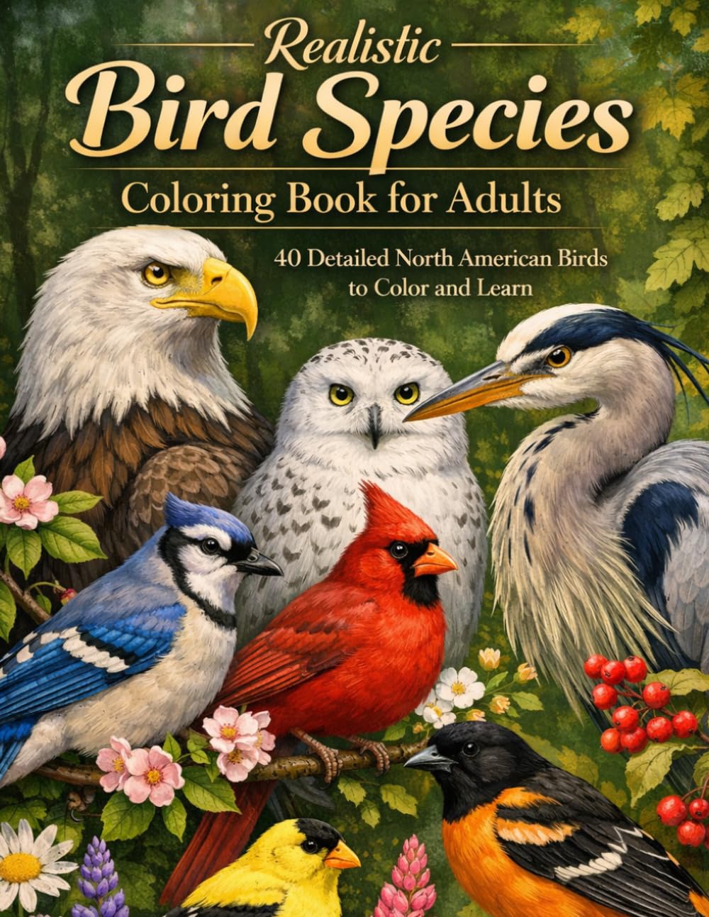 Realistic Bird Species Coloring Book for Adults: 40 Detailed North American Birds to Color and Learn | Eagles, Owls, Hawks, Herons, Cardinals, and More