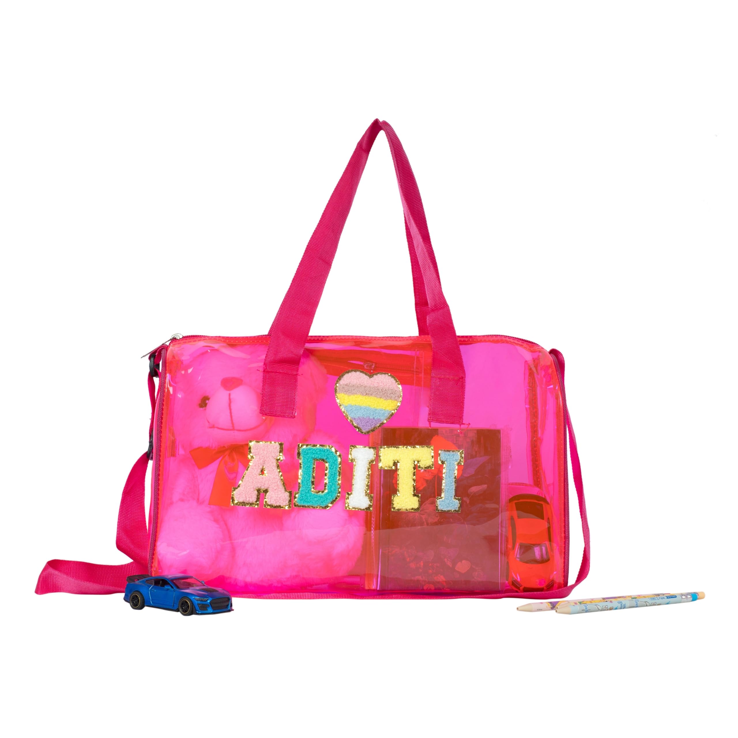 Personalised Embroidered Name & Patch PVC Duffel Bag for Kids (4-10 Years) | Waterproof Transparent Travel Bag with Adjustable Shoulder Strap | Activity Bag for Boys & Girls (Pink)-picture-29