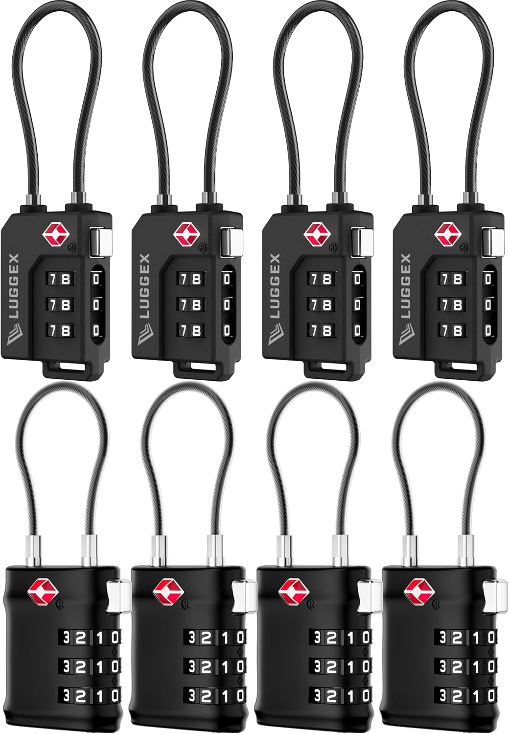 LUGGEX TSA Luggage Lock Bundle, 8 Pack, Black, Lightweight Cable