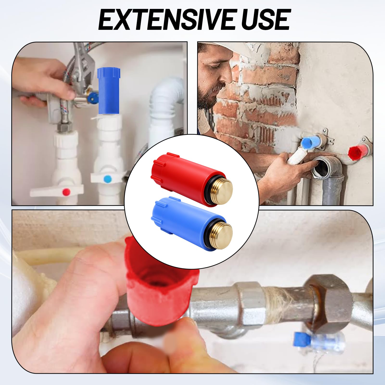 4x Baustopfen 1/2 Zoll – Mit Messinggewinde & O-Ring, Rot/blau Für Warm-/Kaltwasser, Kunststoff, Für Dichtheitsprüfungen