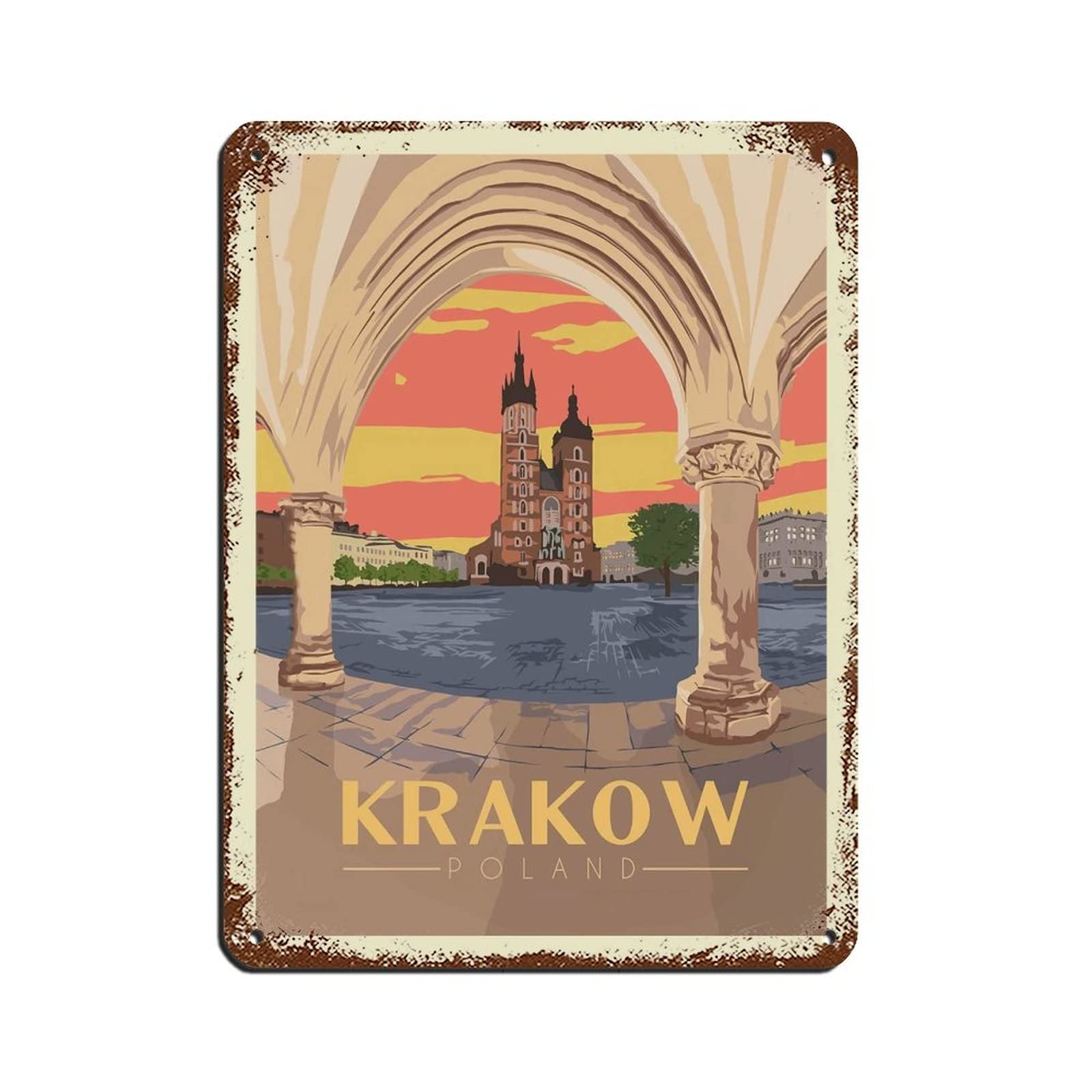 Krakow Poland Vintage Travel Poster Retro Poster Metal Tin Sign Retro Iron Painting for Bar Man Cave Cafe Family Garage Poster Wall Decoration 15x30cm
