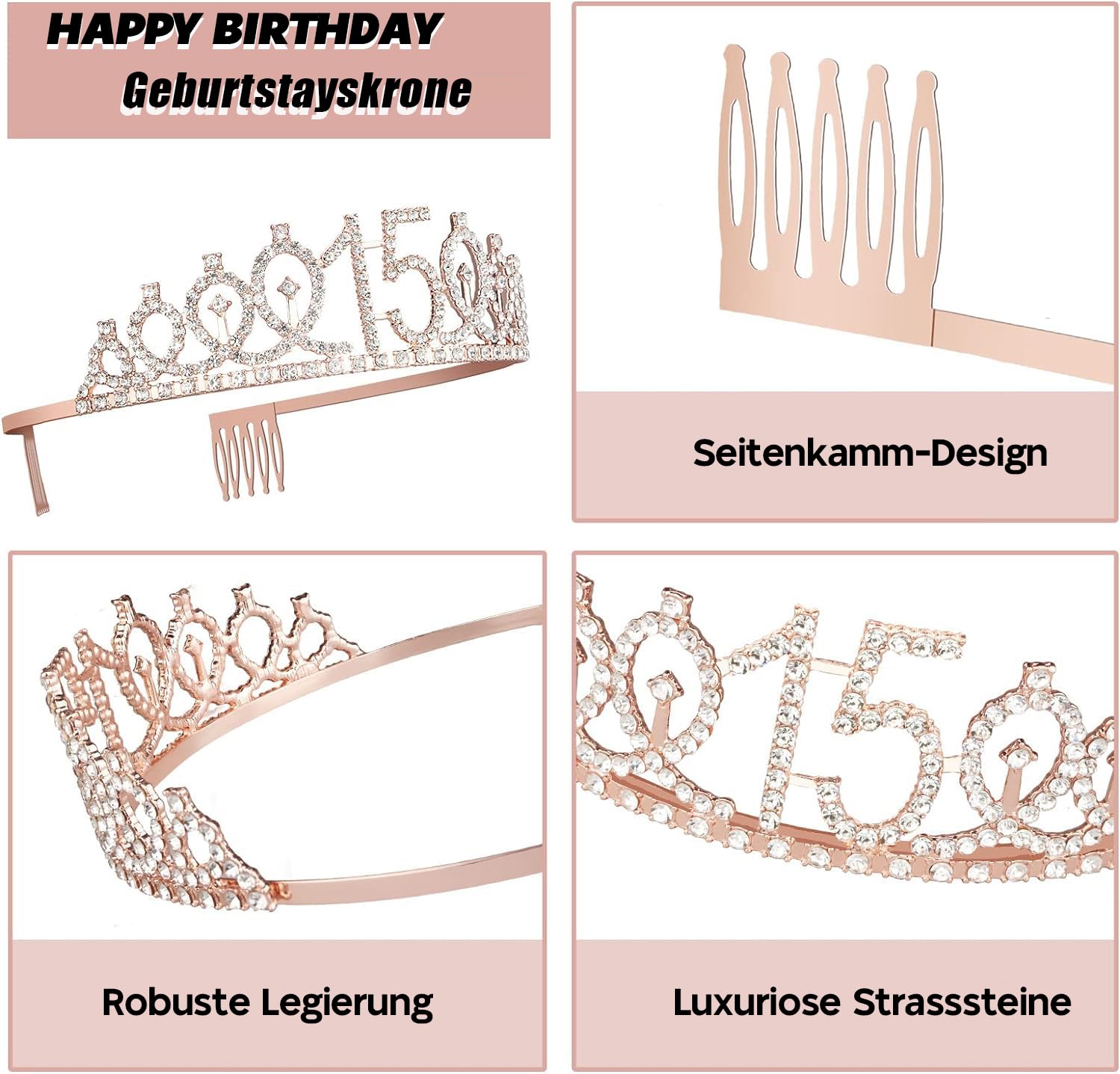 Dekoracja na 15 urodziny dziewczynki, korona i szarfa z okazji 15. urodzin, dekoracja tortu Happy Birthday i świeczki, balon foliowy w kolorze różowego złota 15, prezent urodzinowy dla dziewczynek 15