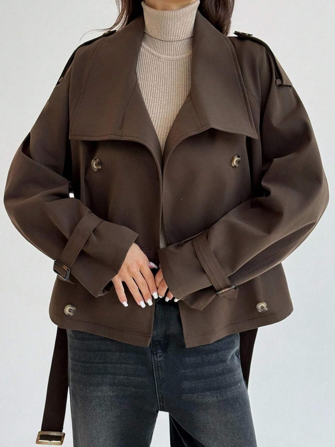 Womens Fashion Trench Outwear Casual Solid Color Double-Breasted Trench Coat Jacket Coat