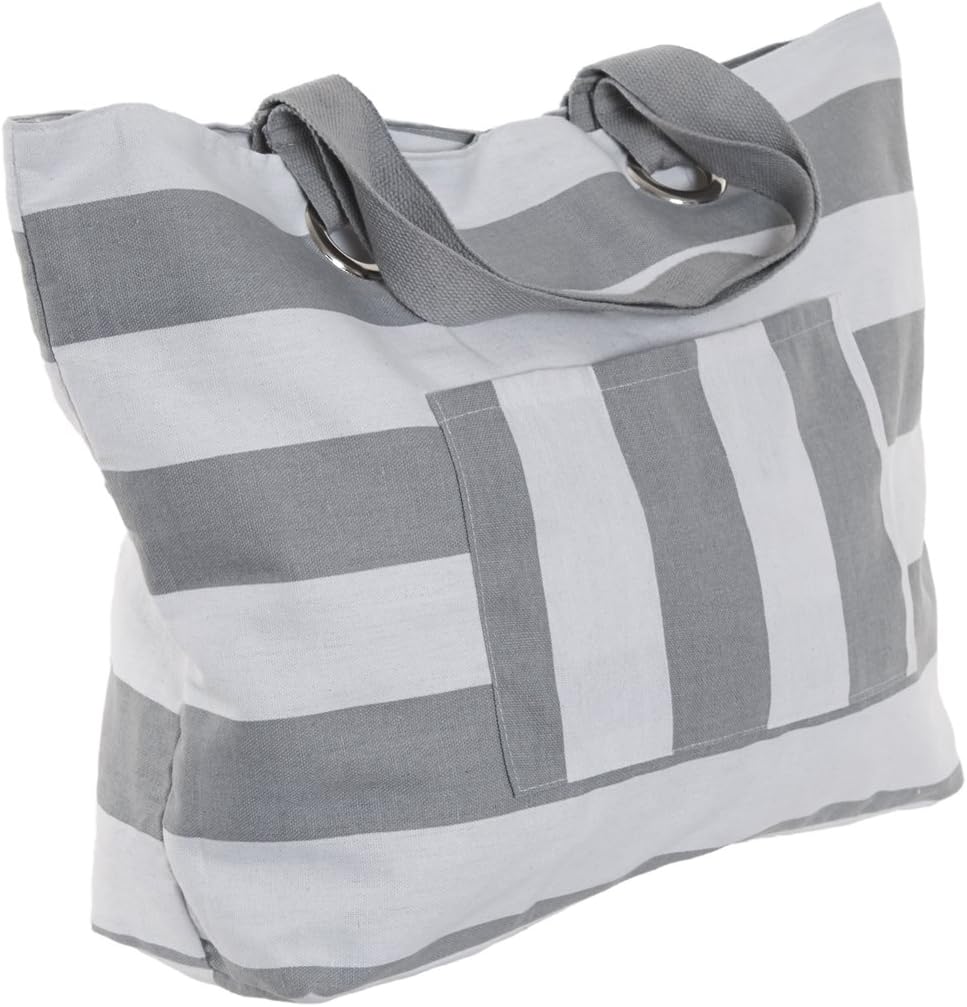 Lovely Grey and Cream New England Striped Shoulder Beach Tote day bag with large pocket