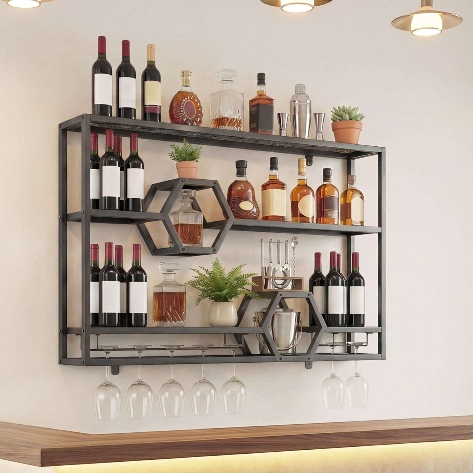 COSTWAY Wall Mounted Wine Rack, 3-Tier Hanging Bar Shelves with Glass Holder, Metal Liquor Bottle Display Storage Shelf for Home Bar, Dining Room and Restaurant (Black, 120 x 20 x 77cm)