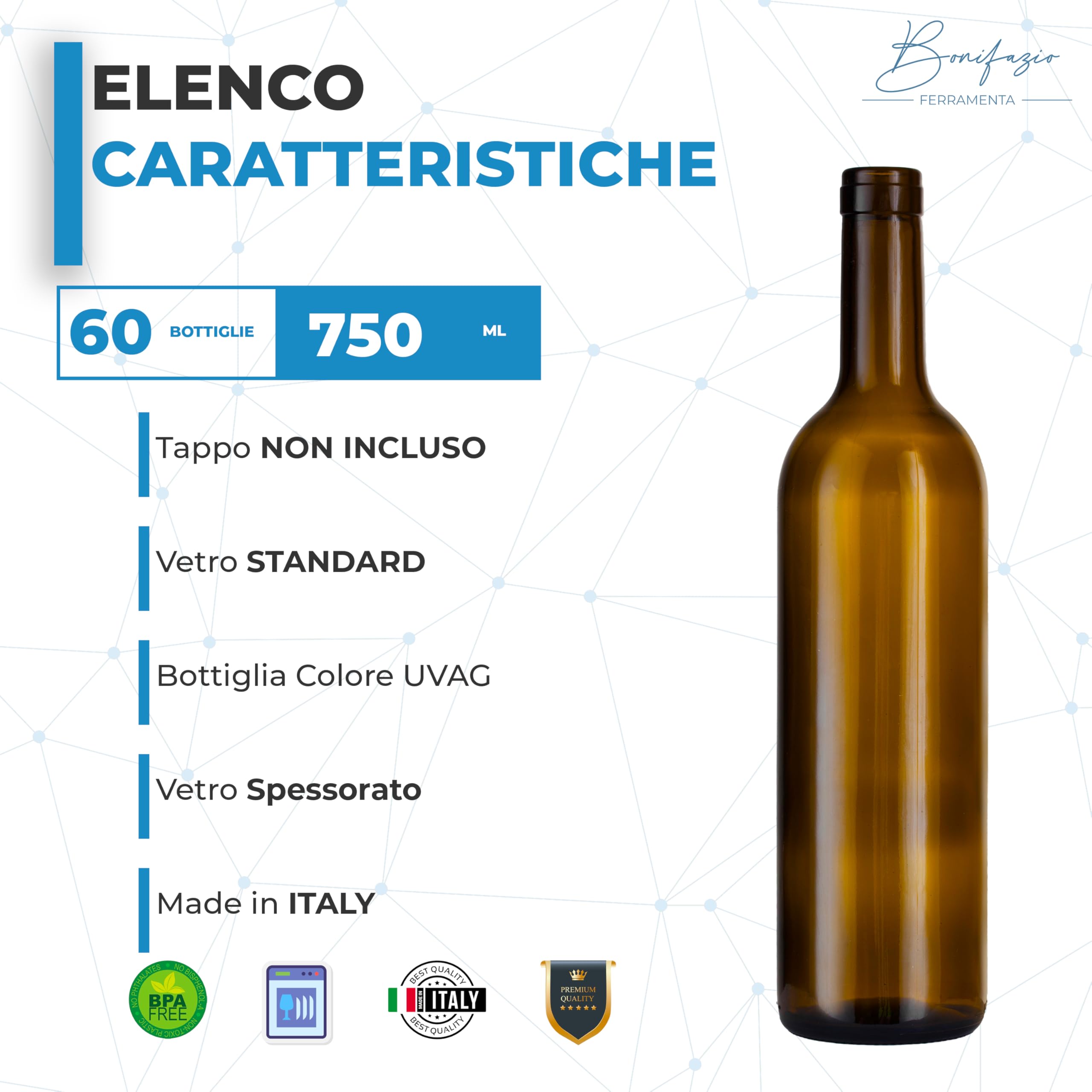 60 Bottiglie Bordolese Colore Uvag per Vino (750ml) Bottiglie per Amari Pregiati in Vetro