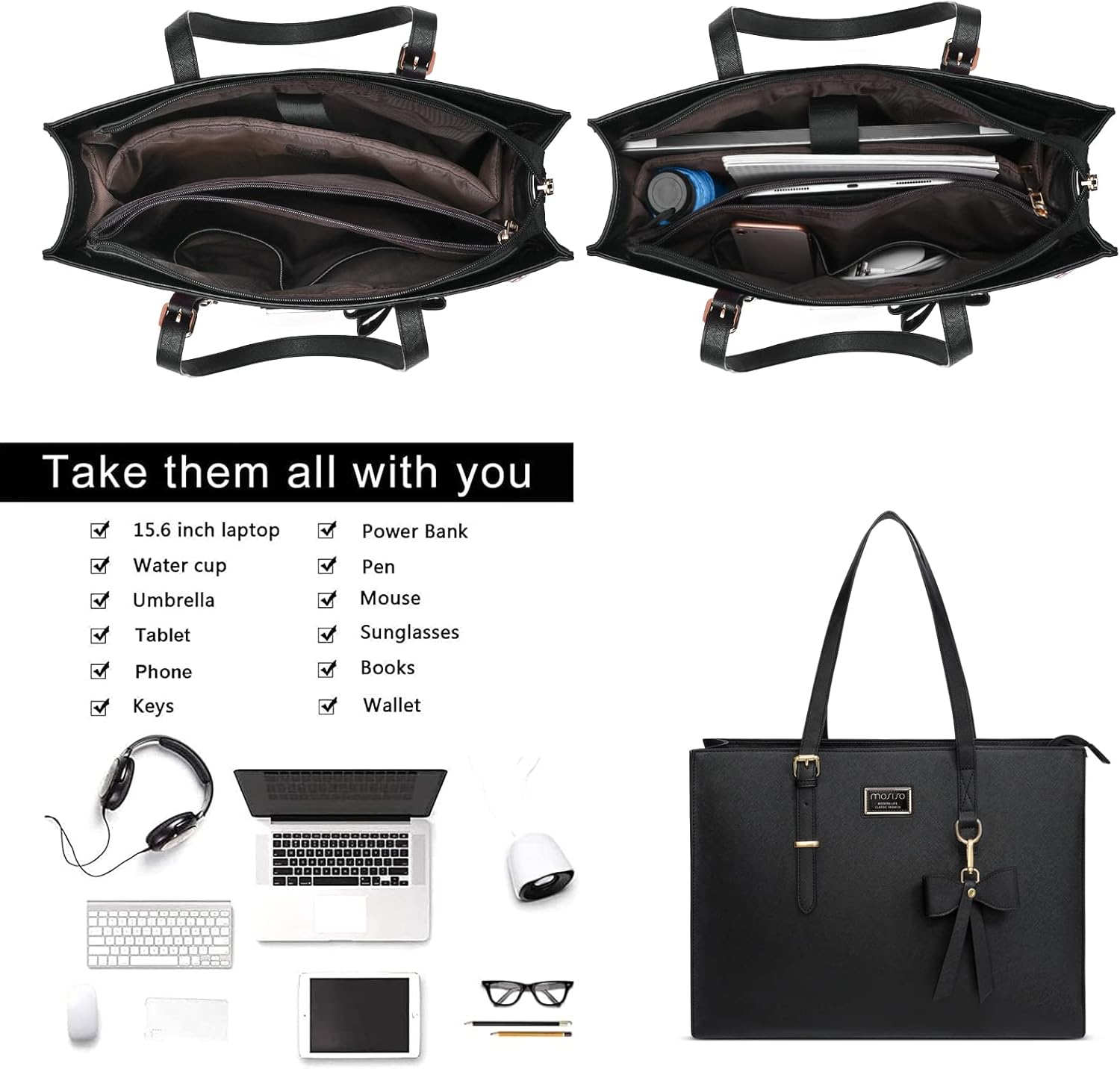 MOSISO Laptop Tote Bag for Women, 15.6 inch Large Capacity PU Leather Handbag Shoulder Professional Computer Bag Work Briefcase Messenger for Business Teacher Office with Bowknot & Small Purse, Black