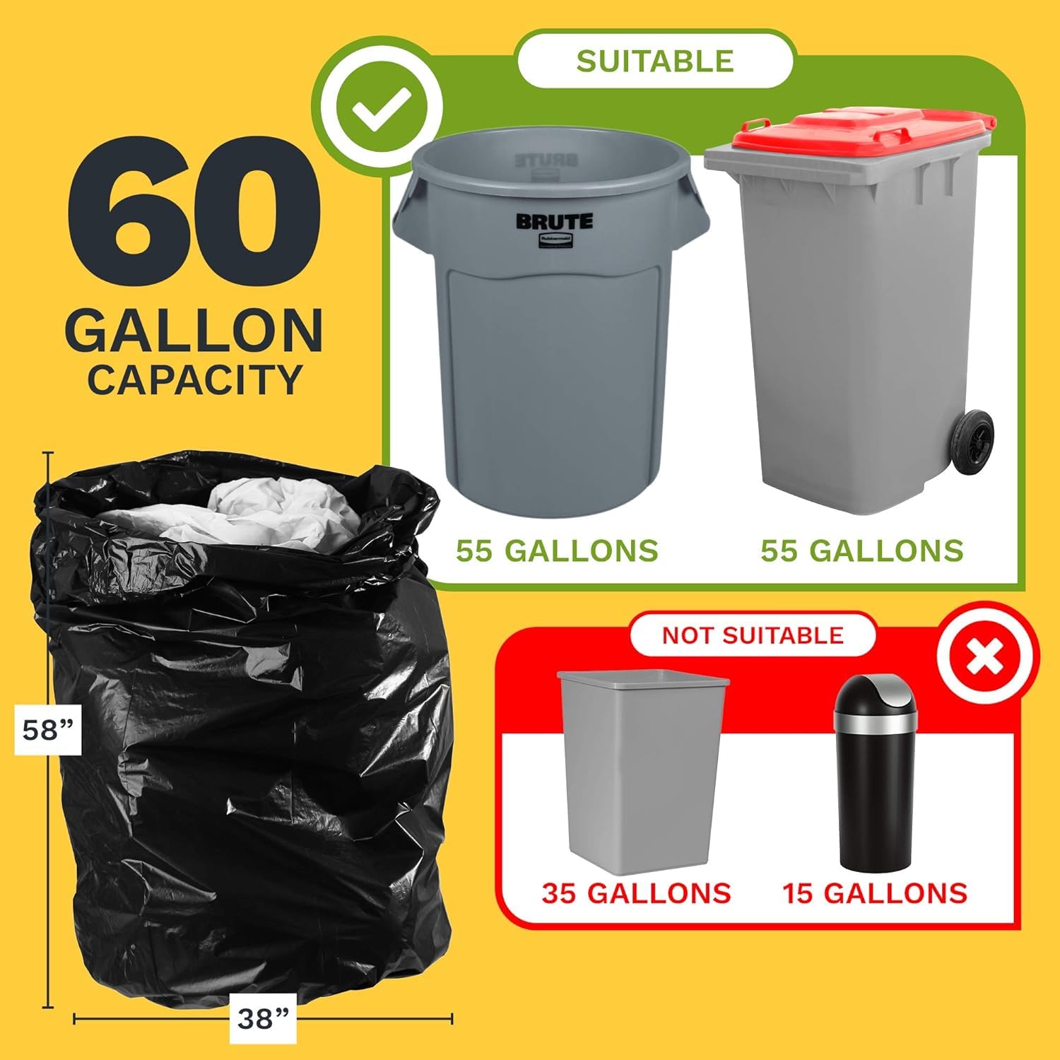 ToughBag Worki na śmieci 55-60 galonów, 38 szer. x 58 H, 1,2 Mil, czarny, 100 / etui