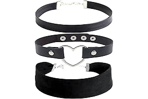 STACKABLE CREATIONS Black Leather, Velvet, Heart Pendant Choker Necklace Set [Pack of 3]