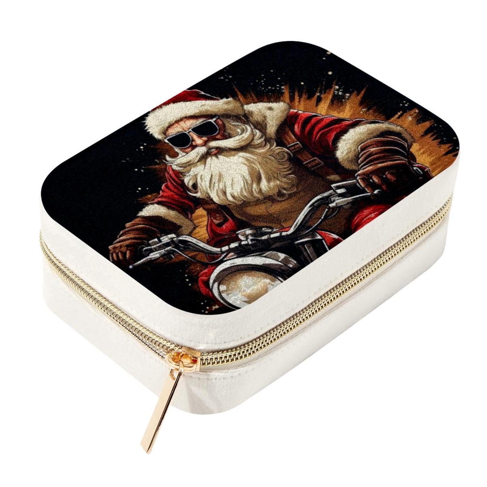 Boîte à bijoux Père Noël en moto portable en velours rouge avec cloisons amovibles pour voyage