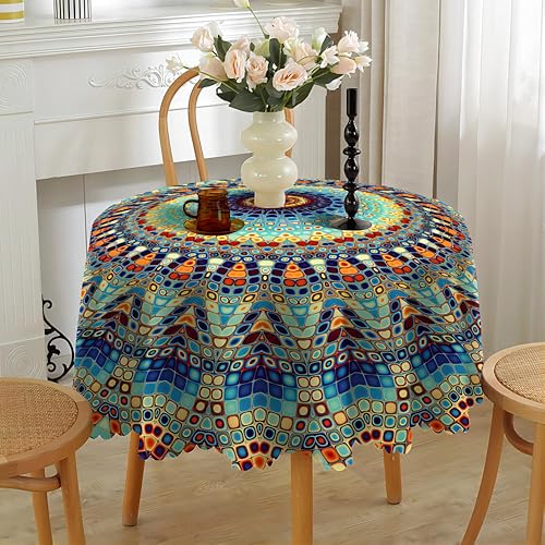 Miniatura 1 de Mantel redondo bohemio con diseño de mandala, de poliéster, impermeable, sin arrugas, para el hogar, cocina, comedor, fiesta, patio, uso interior y