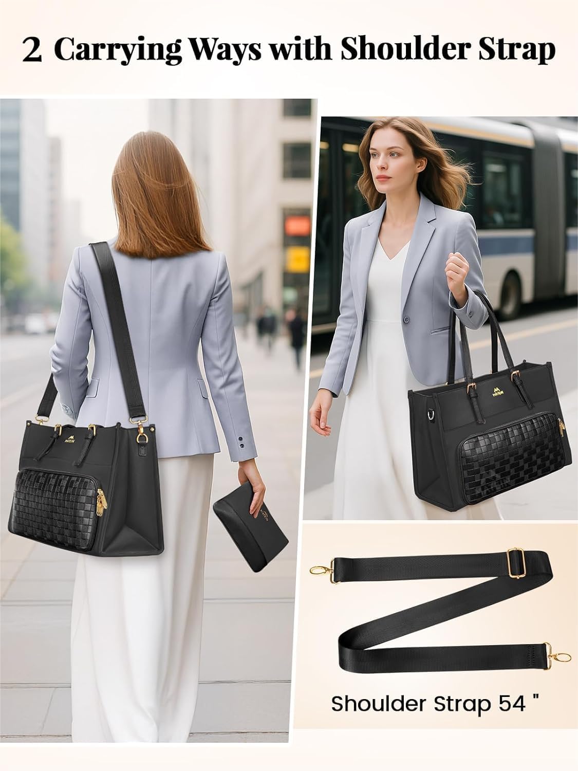 MATEIN Work Tote Bag with Lunch Compartment, Water Resistant 15.6 inch Laptop Handbag with Clutch Purse, Large Women Shoulder Bag with Lunch Box for Business, Office, Daily Use, 2 Sets, Black