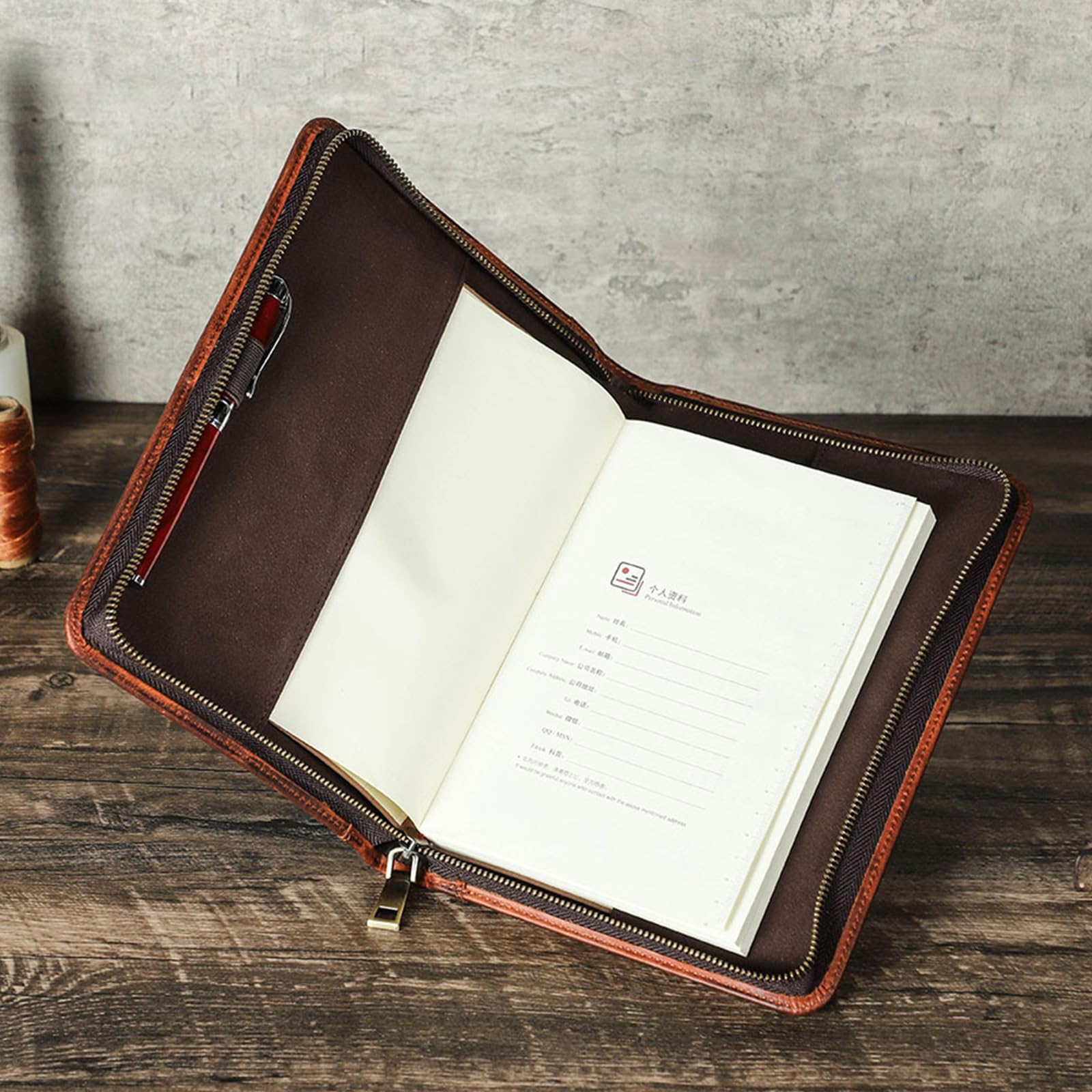 Funda para cuaderno para escribir notas, reuniones de negocios con cierre de cremallera, soporte para bolígrafo, bolsillo frontal, y correa para la muñeca, funda para cuaderno con cremallera de
